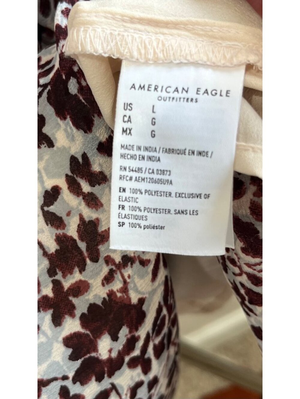 American Eagle Outfitters Babydoll Dress Womens L Brown  Print Chiffon Ruched - Picture 7 of 8